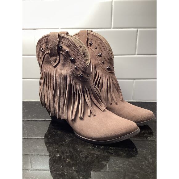 Very Volatile  Leather Deerwood Fringe Western Boots Taupe Brown 7.5 - Picture 1 of 10